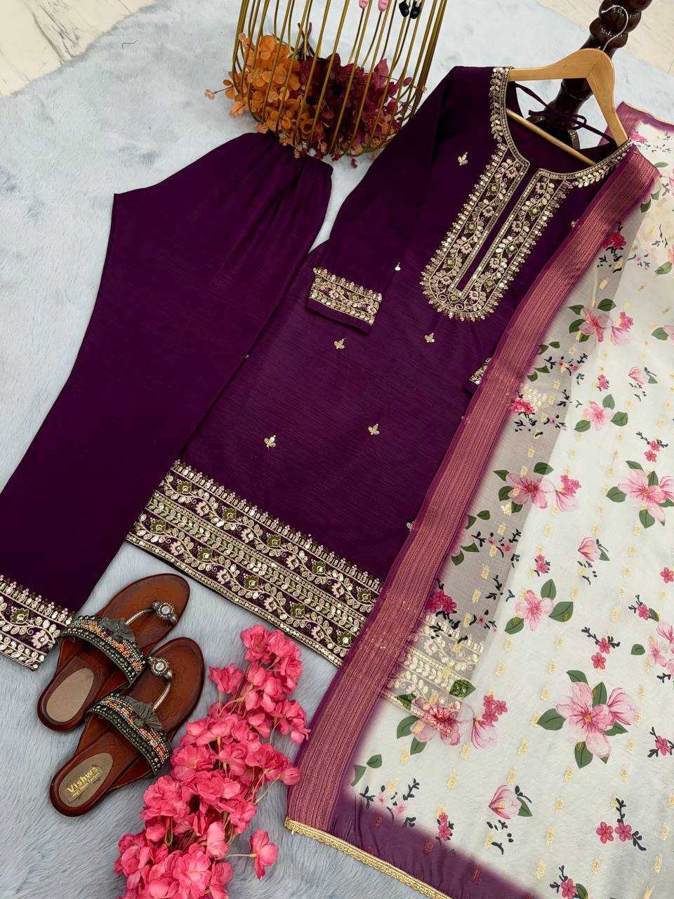 YNF CHINON SILK RAD 164 RAKHI SUITS WHOLESALE LADIES EMBROIDERY MANUFACTURER